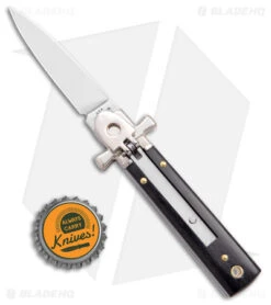 AGA 6" Lever Lock Automatic Italian Knife Ebony W/Cross Bolsters (2.5" Polish) -Aga Campolin AGA 6in LL Ebony Wood Auto Cross Bolsters Satin BHQ 177247 jr bottlecap