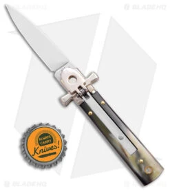 AGA 6" Lever Lock Automatic Italian Knife Horn W/Cross Bolsters (2.5" Satin) -Aga Campolin AGA 6in LL Horn Auto Cross Bolsters Satin BHQ 177246 jr bottlecap