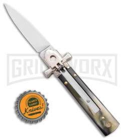 AGA 6" Lever Lock Horn Automatic Knife W/Cross Bolsters - Satin Plain 9 AGA 6" Lever Lock Horn Automatic Knife W/Cross Bolsters - Satin Plain -Aga Campolin AGA 6in LL Horn Auto Cross Bolsters Satin BHQ 177246 jr bottlecap large