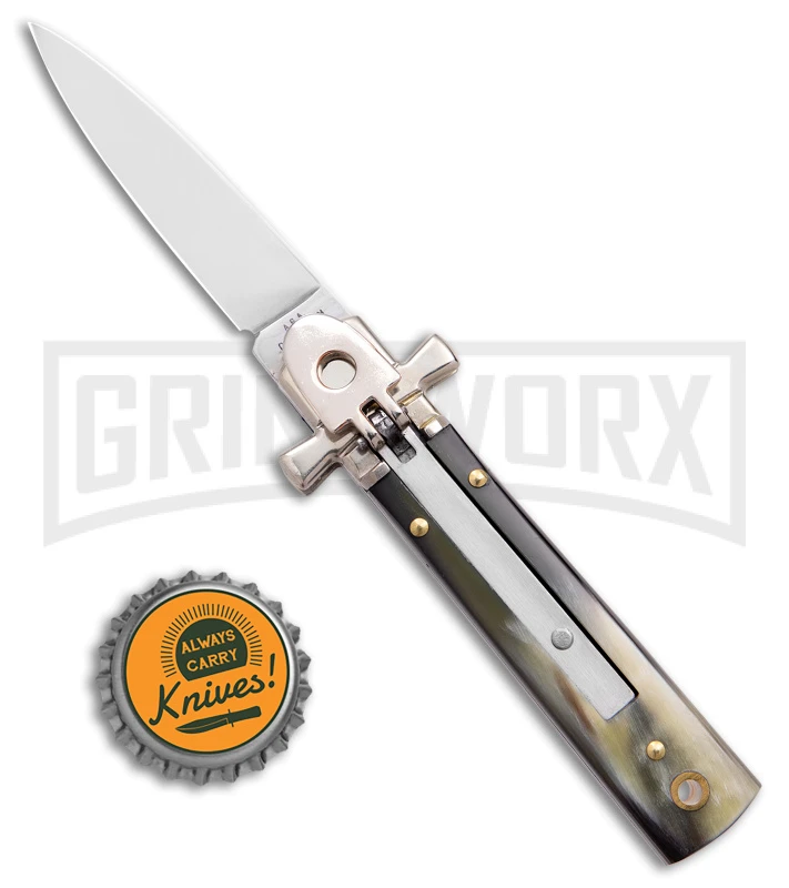 AGA 6" Lever Lock Horn Automatic Knife W/Cross Bolsters - Satin Plain 6 AGA 6" Lever Lock Horn Automatic Knife W/Cross Bolsters - Satin Plain - Image 4