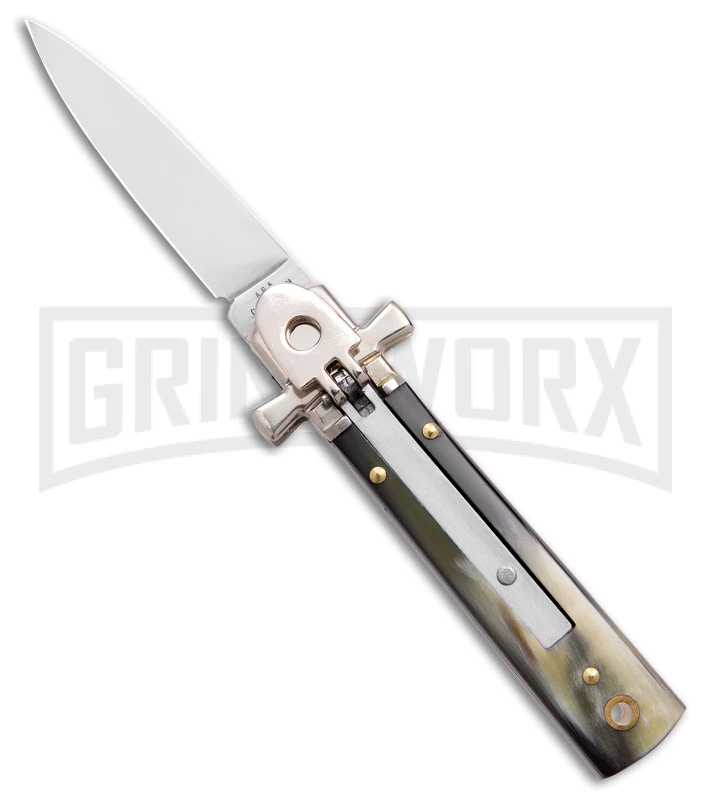 AGA 6" Lever Lock Horn Automatic Knife W/Cross Bolsters - Satin Plain 3 AGA 6" Lever Lock Horn Automatic Knife W/Cross Bolsters - Satin Plain