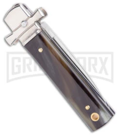 AGA 6" Lever Lock Horn Automatic Knife W/Cross Bolsters - Satin Plain 8 AGA 6" Lever Lock Horn Automatic Knife W/Cross Bolsters - Satin Plain -Aga Campolin AGA 6in LL Horn Auto Cross Bolsters Satin BHQ 177246 jr side large