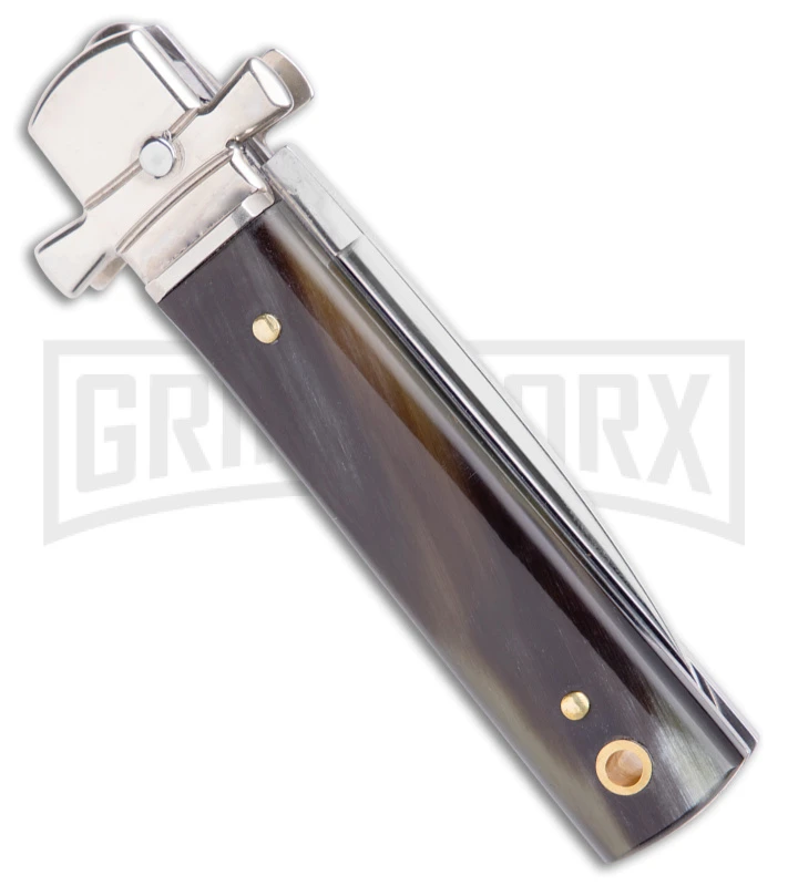 AGA 6" Lever Lock Horn Automatic Knife W/Cross Bolsters - Satin Plain 5 AGA 6" Lever Lock Horn Automatic Knife W/Cross Bolsters - Satin Plain - Image 3