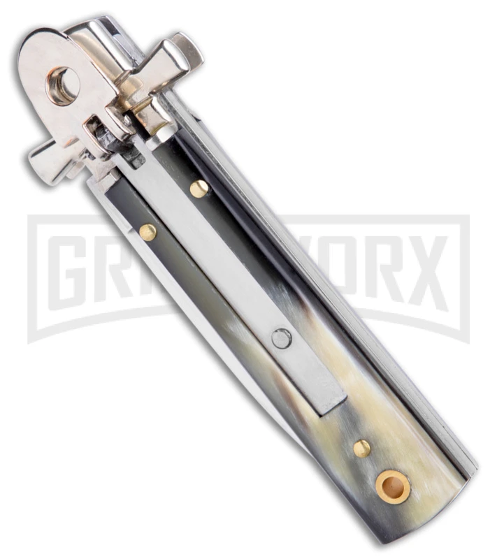 AGA 6" Lever Lock Horn Automatic Knife W/Cross Bolsters - Satin Plain 4 AGA 6" Lever Lock Horn Automatic Knife W/Cross Bolsters - Satin Plain - Image 2