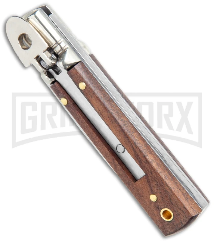 AGA 6" Mini Classic Lever Lock Cocobolo Wood Automatic Knife - Satin Plain 4 AGA 6" Mini Classic Lever Lock Cocobolo Wood Automatic Knife - Satin Plain - Image 2
