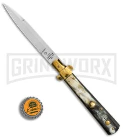 AGA Campolin 10" Brass/Dark Horn Italian Frosolone Automatic Knife - Bayonet -Aga Campolin AGA Campolin 10in Brass Dark Horn Italian Frosolone Bayonet BP 29647 er bottlecap large