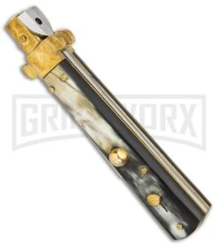 AGA Campolin 10" Brass/Dark Horn Italian Frosolone Automatic Knife - Bayonet -Aga Campolin AGA Campolin 10in Brass Dark Horn Italian Frosolone Bayonet BP 29647 er spine large