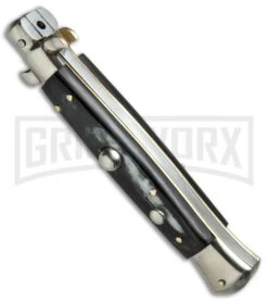 AGA Campolin 10" Brazilian Horn Picklock Stiletto Automatic Knife - Satin Kris -Aga Campolin AGA Campolin 10in Stiletto Brazilian Horn Satin Kriss BP 19131 jr spine large