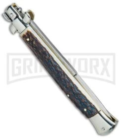 AGA Campolin 11" 2017 Italian Picklock Stag Automatic Knife - Bayonet -Aga Campolin AGA Campolin 11in Picklock Italian Stiletto Stag Horn Satin BHQ 78222 jr side large