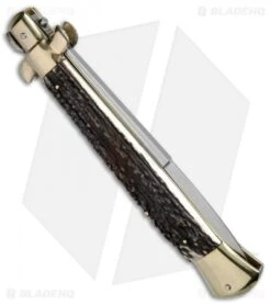 AGA Campolin 15" Auto Italian Stiletto Knife Stag Horn/Brass (7" Satin Bayo) 7 AGA Campolin 15" Auto Italian Stiletto Knife Stag Horn/Brass (7" Satin Bayo) -Aga Campolin AGA Campolin 15in Stiletto Stag Horn Brass Bayo BHQ 51321 jr side