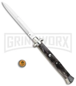 A.G.A. Campolin 18" Dark Horn Italian Stiletto Auto Knife - Bayonet -Aga Campolin AGA Campolin 18in Stiletto Dark Horn Satin Bayo BHQ 104096 jr bottlecap large