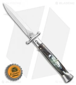 AGA Campolin 9" Swinguard Automatic Knife Brazilian Horn (5.75" Satin Dagger) -Aga Campolin AGA Campolin 9 Swinguard Automatic Knife Brazilian Horn 5.75 Satin Dagger BHQ 121424 LS Bottlecap