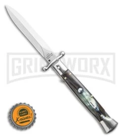 AGA Campolin 9" Stiletto Swinguard Brazilian Horn Automatic Knife - Dagger -Aga Campolin AGA Campolin 9 Swinguard Automatic Knife Brazilian Horn 5.75 Satin Dagger BHQ 121424 LS Bottlecap large