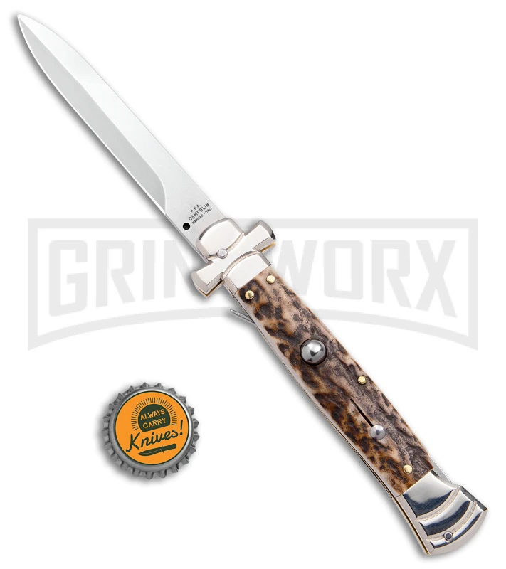 A.G.A. Campolin 9" Maltese Cross Stiletto Stag Automatic Knife - Bayonet Satin 6 A.G.A. Campolin 9" Maltese Cross Stiletto Stag Automatic Knife - Bayonet Satin - Image 4