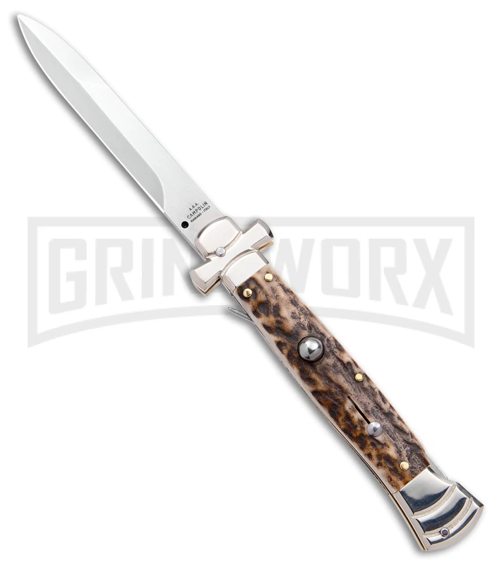A.G.A. Campolin 9" Maltese Cross Stiletto Stag Automatic Knife - Bayonet Satin 3 A.G.A. Campolin 9" Maltese Cross Stiletto Stag Automatic Knife - Bayonet Satin
