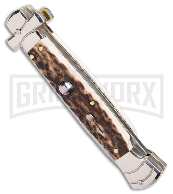 A.G.A. Campolin 9" Maltese Cross Stiletto Stag Automatic Knife - Bayonet Satin 4 A.G.A. Campolin 9" Maltese Cross Stiletto Stag Automatic Knife - Bayonet Satin - Image 2