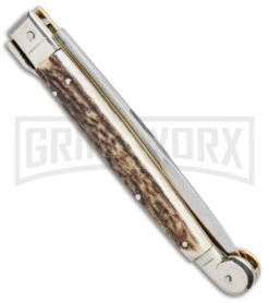 A.G.A. Campolin 9" Sicilian Stag Picklock Auto Sillito Knife - Bayonet -Aga Campolin AGA Campolin 9in Sicilian Picklock Auto Stag Horn Satin Bayo BHQ 81940 jr side large