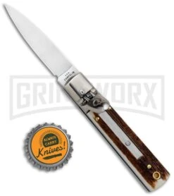 AGA 6" Mini Classic Lever Lock Stag Automatic Knife - Satin Plain 9 AGA 6" Mini Classic Lever Lock Stag Automatic Knife - Satin Plain -Aga Campolin AGA Classic 6in LL Auto Italian Stag Satin GX 36958 jr bottlecap large