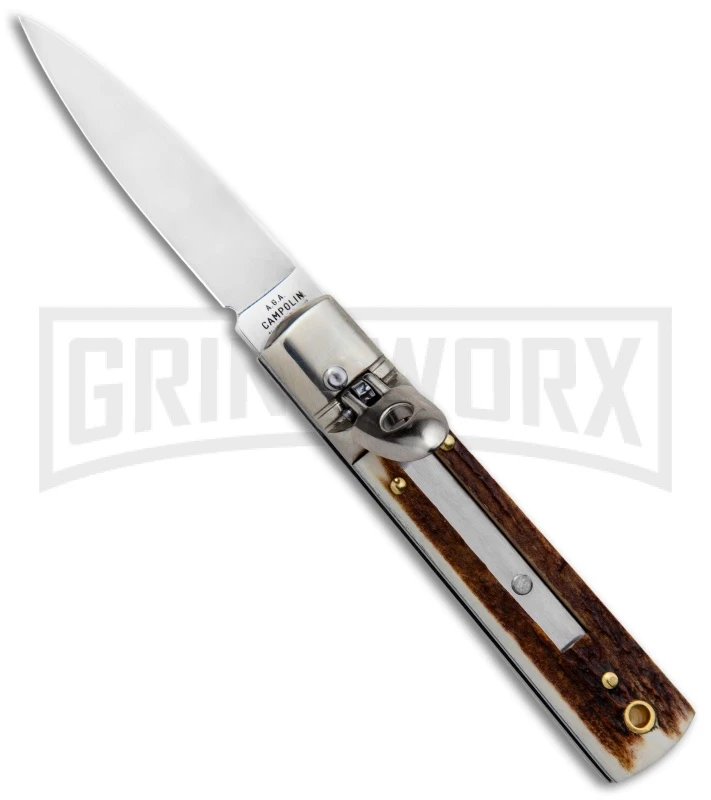 AGA 6" Mini Classic Lever Lock Stag Automatic Knife - Satin Plain 3 AGA 6" Mini Classic Lever Lock Stag Automatic Knife - Satin Plain