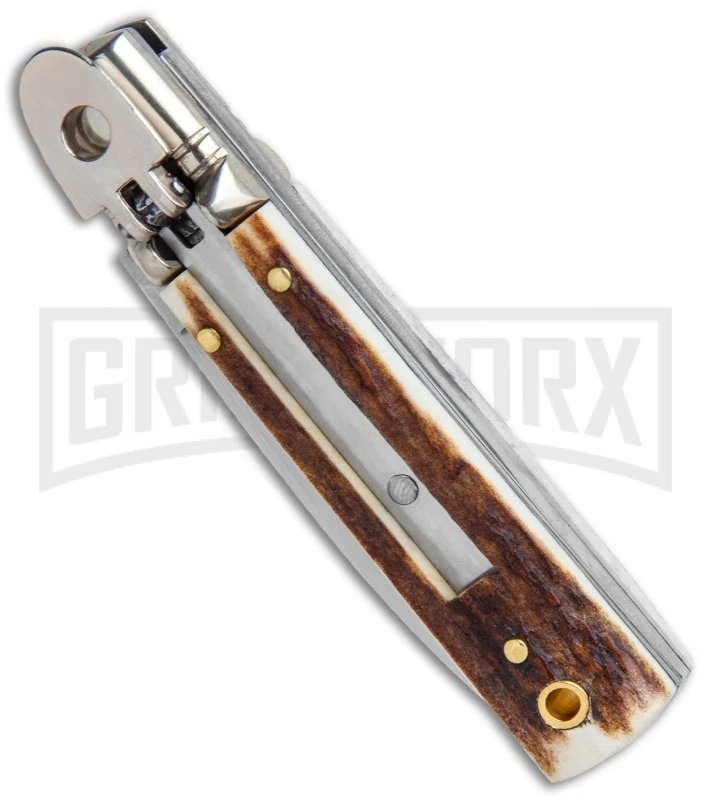 AGA 6" Mini Classic Lever Lock Stag Automatic Knife - Satin Plain 4 AGA 6" Mini Classic Lever Lock Stag Automatic Knife - Satin Plain - Image 2