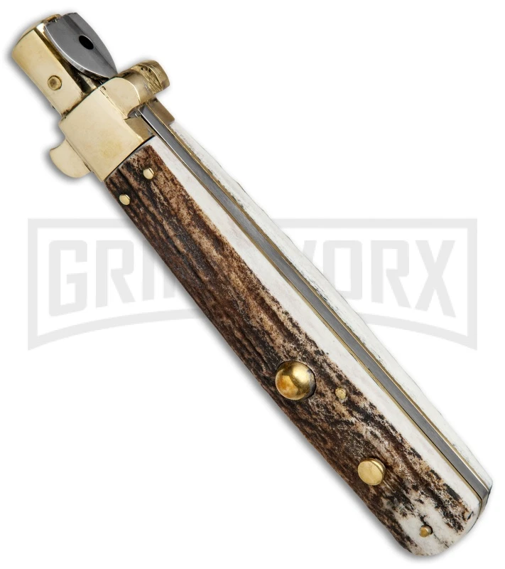 AGA Campolin 11" Frosolone Stag/Brass Stiletto Automatic Knife - Bayonet 4 AGA Campolin 11" Frosolone Stag/Brass Stiletto Automatic Knife - Bayonet - Image 2
