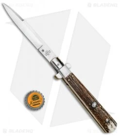 AGA Campolin 11" Frosolone Bayonet Stiletto Automatic Knife Stag (5" Satin) 11 AGA Campolin 11" Frosolone Bayonet Stiletto Automatic Knife Stag (5" Satin) -Aga Campolin AGA Frosolone Stag Nickel 11in Bayo BP 29296 jr bottlecap