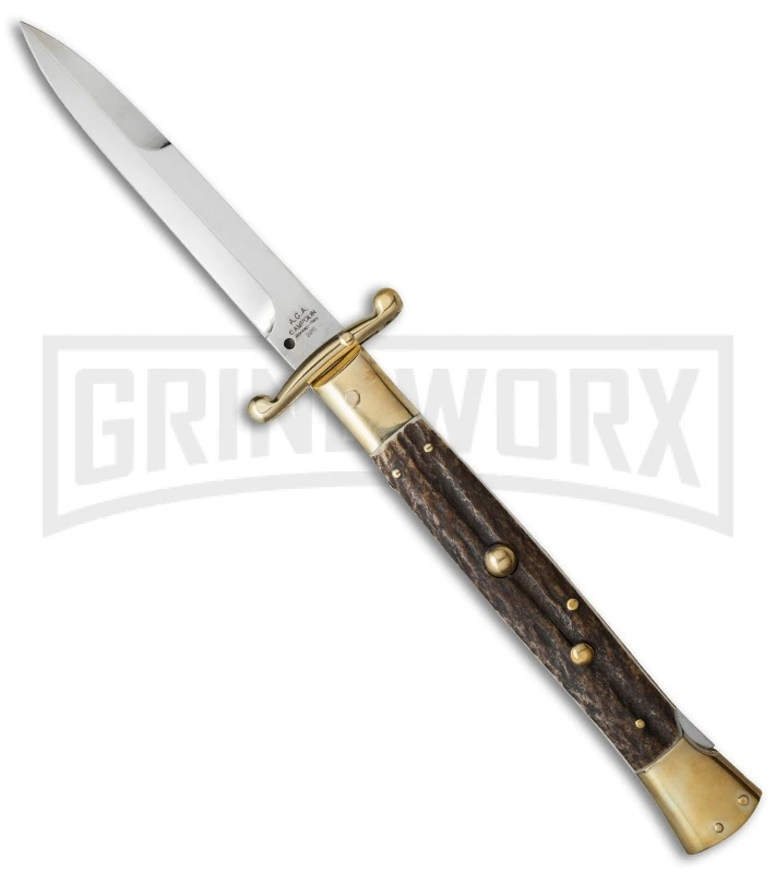 AGA Campolin 13" Stiletto Brass Swinguard Stag Horn Automatic Knife - Bayonet 3 AGA Campolin 13" Stiletto Brass Swinguard Stag Horn Automatic Knife - Bayonet
