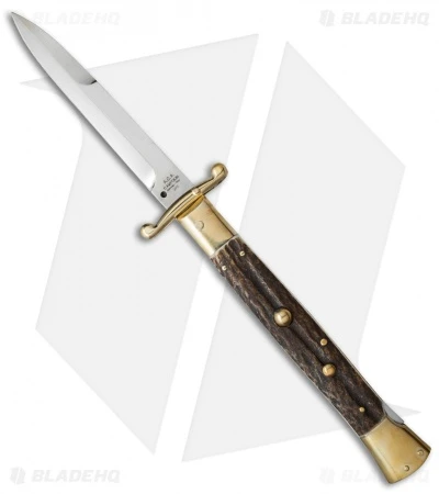 AGA Campolin 13" Swinguard Automatic Knife Brass/Stag Horn (5.75" Satin Bayo) 3 AGA Campolin 13" Swinguard Automatic Knife Brass/Stag Horn (5.75" Satin Bayo)