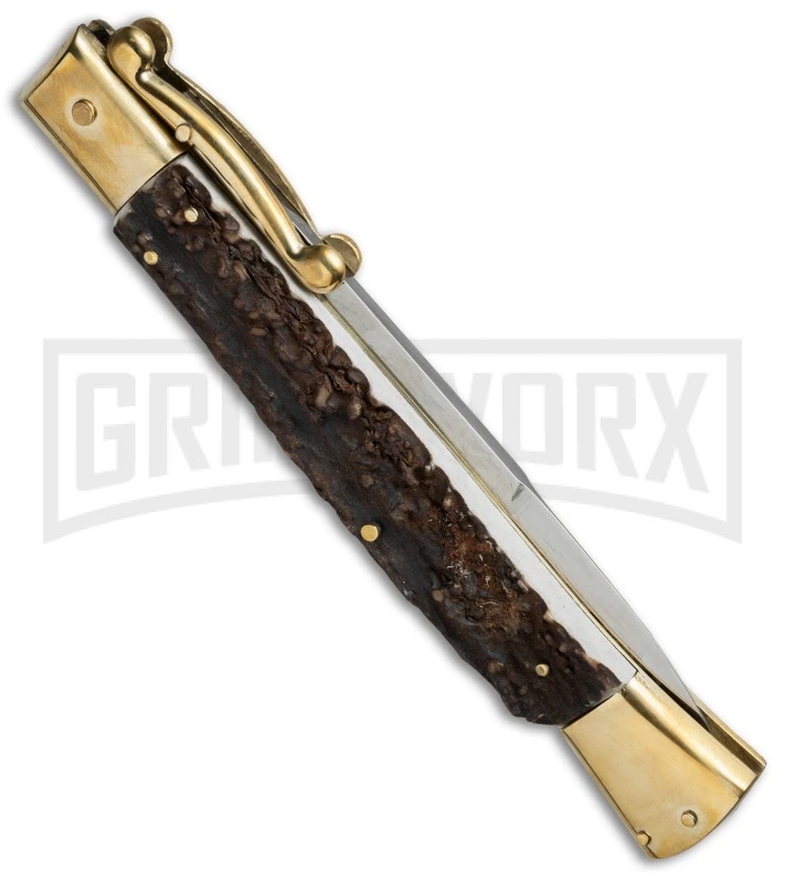 AGA Campolin 13" Stiletto Brass Swinguard Stag Horn Automatic Knife - Bayonet 4 AGA Campolin 13" Stiletto Brass Swinguard Stag Horn Automatic Knife - Bayonet - Image 2