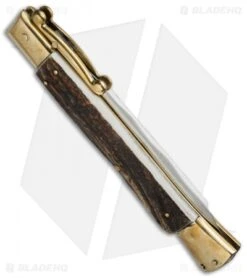 AGA Campolin 13" Swinguard Automatic Knife Brass/Stag Horn (5.75" Satin Kriss) -Aga Campolin aga 13in swing stag kriss brass side cm