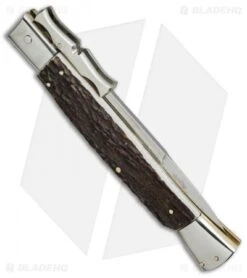 AGA Campolin 13" Bat Swinguard Automatic Knife Stag Horn (5.75" Satin Bayo) -Aga Campolin aga campolin 13in bat swinguard stag side cm