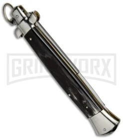 A.G.A. Campolin 15" Italian Stiletto Dark Horn Ring Pull Automatic Knife - Bayo -Aga Campolin aga campolin stilleto 15in dark horn bayo pull ring BP 5028 dl side large